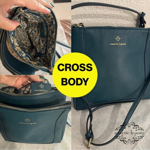 💚NANETTE LEPORE💚 Teal Crossbody Bag, Gold Logo, Floral Interior - Picture 1 of 16